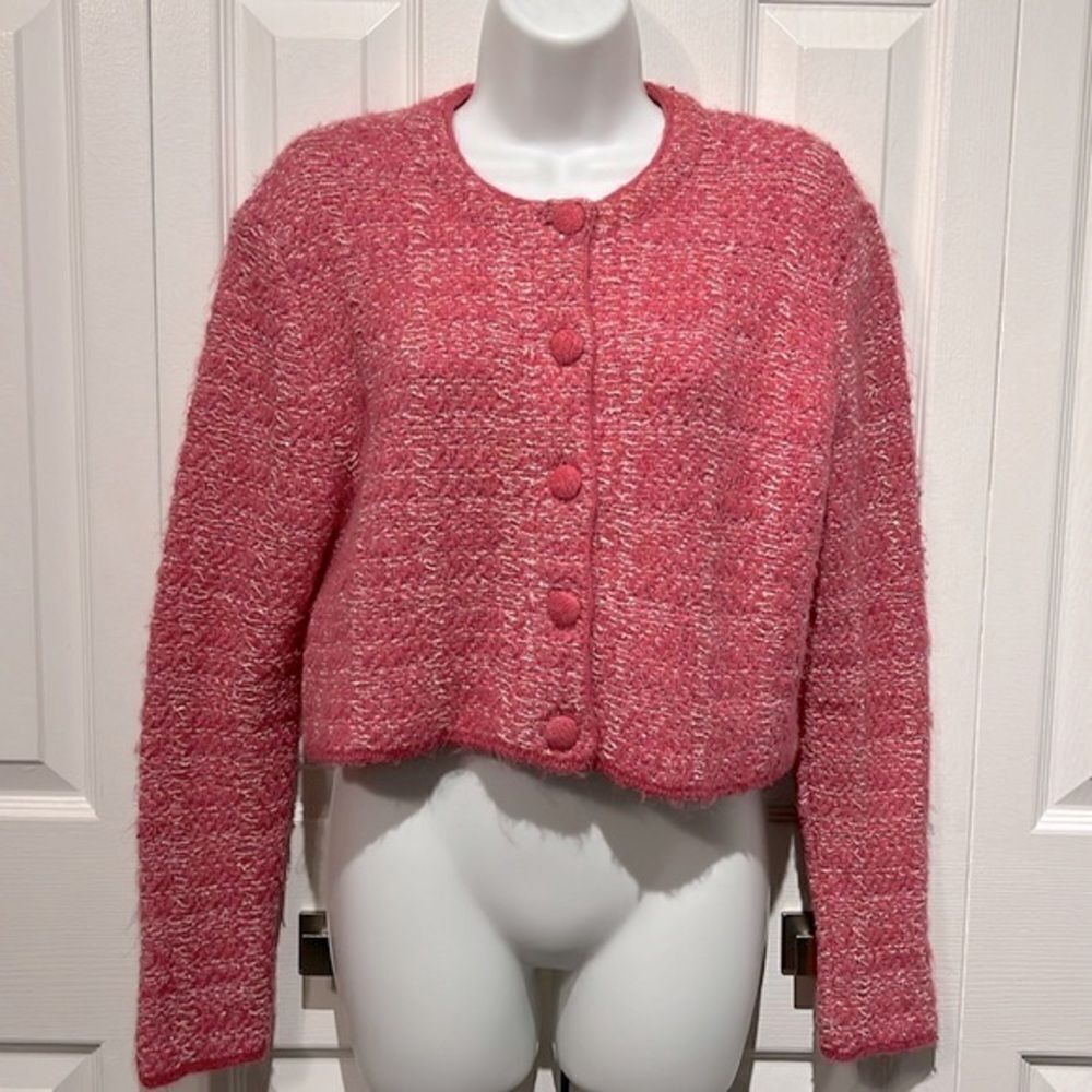 Zara Pink‎ Cotton Blend Button Up Cropped Cardigan Size M